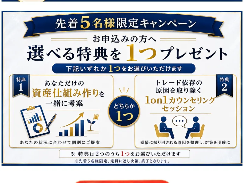 広告ページの3つの施策説明。10ミニッツ資産構築法、メンタルブロック解消、成功を加速させる環境の3つを提供すると説明