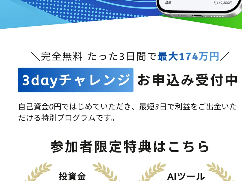 30PROの広告で「完全無料」「3日間で最大174万円」と宣伝している