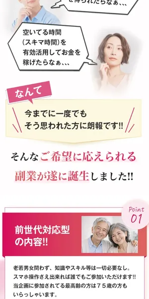 Point01：前世代対応型の内容。知識やスキル不要、最高齢75歳が参加と記載