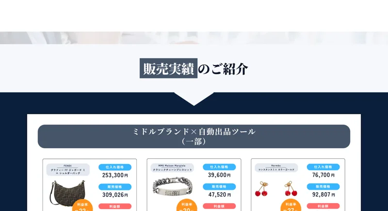 ブランド品の販売実績として仕入れ価格と販売額が並ぶ広告ページ