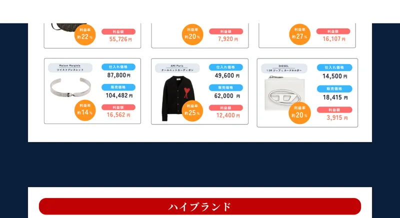 フェンディなどのブランド品の仕入れ価格と販売額が表示された実績紹介