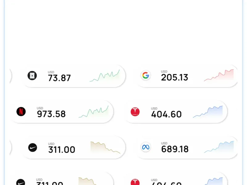BULL360のサイトに表示されている株価カード。Google、Tesla、Netflix、Nike、Metaなどの株価が表示されている