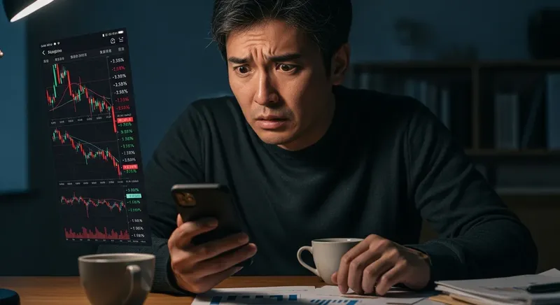 不安そうにスマートフォンの投資アプリ画面を見つめる様子のイメージ