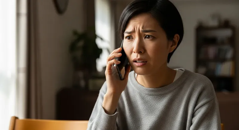 不審な電話を受けて困惑している様子のイメージ