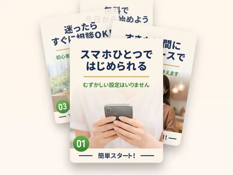 申し込みページ。「スマホひとつではじめられる」「むずかしい設定はいりません」と表示されている