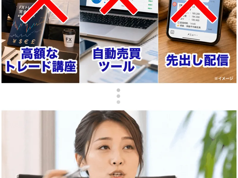 広告ページ内のサポート説明。高額トレード講座、自動売買ツール、先出し配信にバツ印が付いている