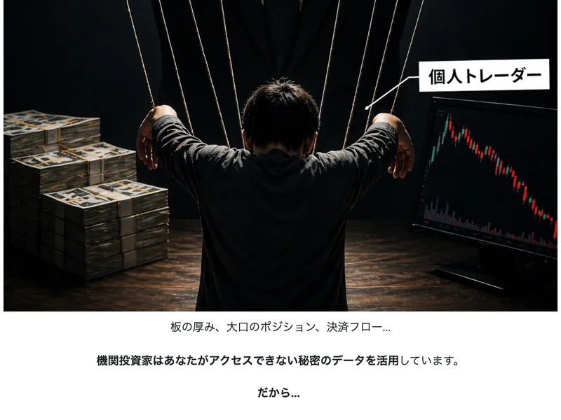 広告ページ内の「機関投資家がアクセスできない秘密のデータを活用」という煽り表現