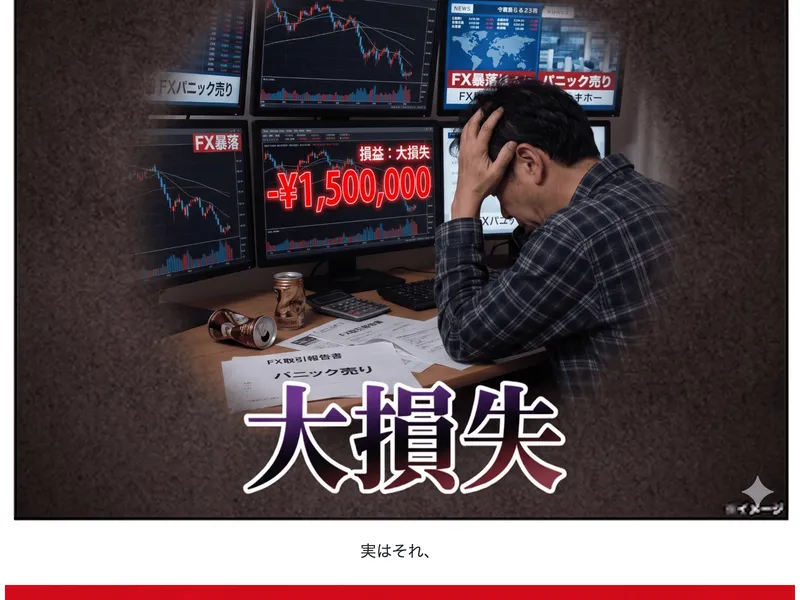 ドルねこの広告ページ。FXで大損失を出している男性の画像と「大損失」の文字が表示されている
