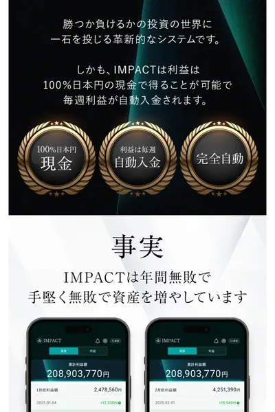 IMPACTの累計利益額208,903,770円と表示された実績画面