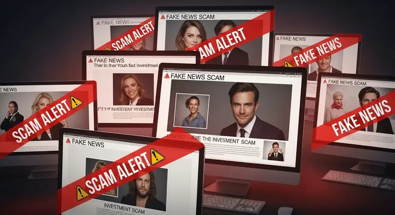 複数のフェイクニュース記事が表示されたPC画面のイメージ。有名人の名前を使った偽の投資広告が並んでいる