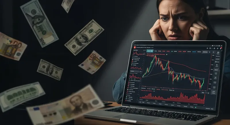 お金を失って心配そうにノートPCの画面を見つめる人のイメージ