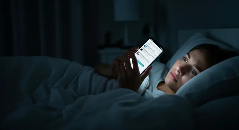 夜、布団の中でスマートフォンを使って投資サービスの評判を検索している人のイメージ