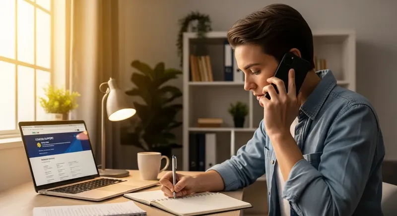 オンライン詐欺について電話で相談している人のイメージ。メモを取りながら対処法を確認している