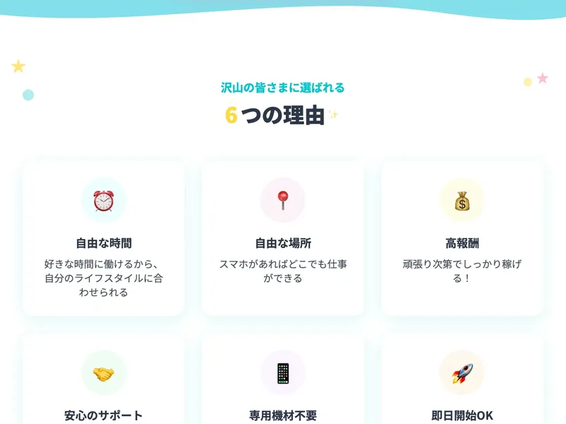 広告ページで「沢山の皆さまに選ばれる6つの理由」として自由な時間、自由な場所、高報酬、安心のサポート、専用機材不要、即日開始OKが紹介されている