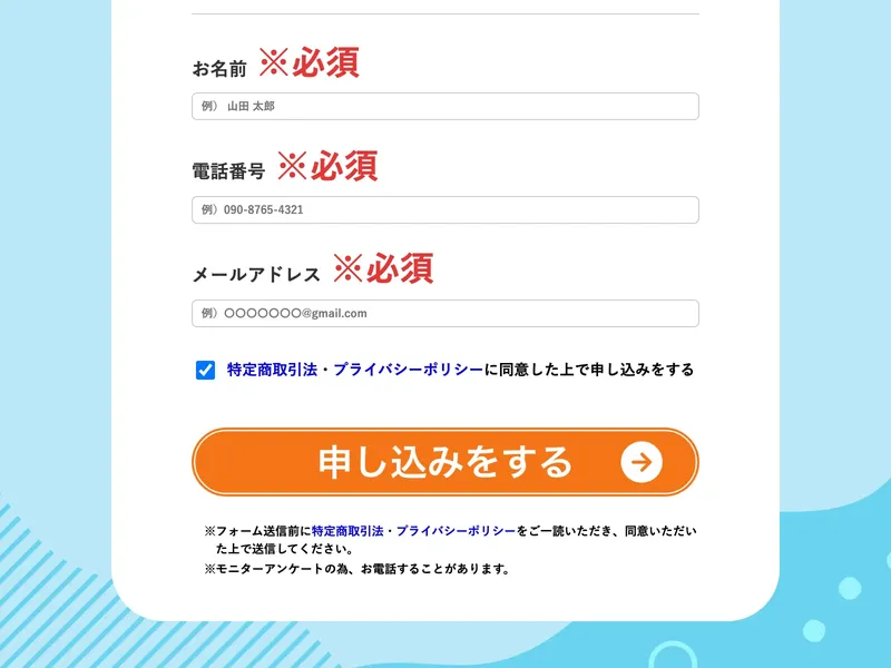 「申し込みをする」ボタンの下に「※モニターアンケートの為、お電話することがあります。」と書かれた注意書き