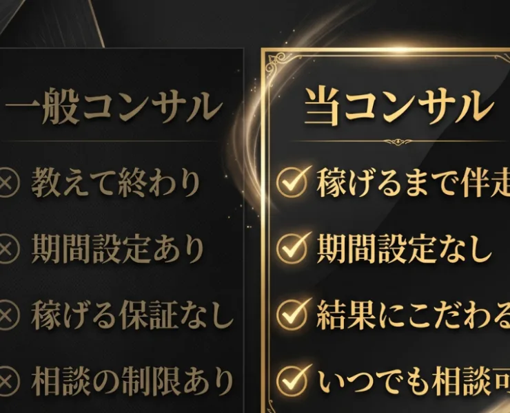 一般コンサルと当コンサルを比べ「稼げるまで伴走」「期間設定なし」を強調する比較表