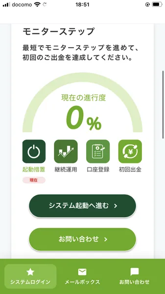 モニターステップ画面。起動措置→継続運用→口座登録→初回出金の4ステップが表示されている