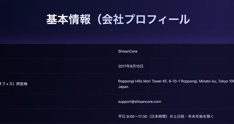 社名ShisanCore、設立2017年、本社は六本木ヒルズ森タワーとだけ記載され、代表者名や電話番号がない会社概要