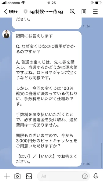 佐山一花のLINEメッセージ。「今回の宝くじは100%確実に当選が決まっている代わりに手数料をいただく仕組み」「3,000円分のビットキャッシュをご用意いただけますか?」と記載されている